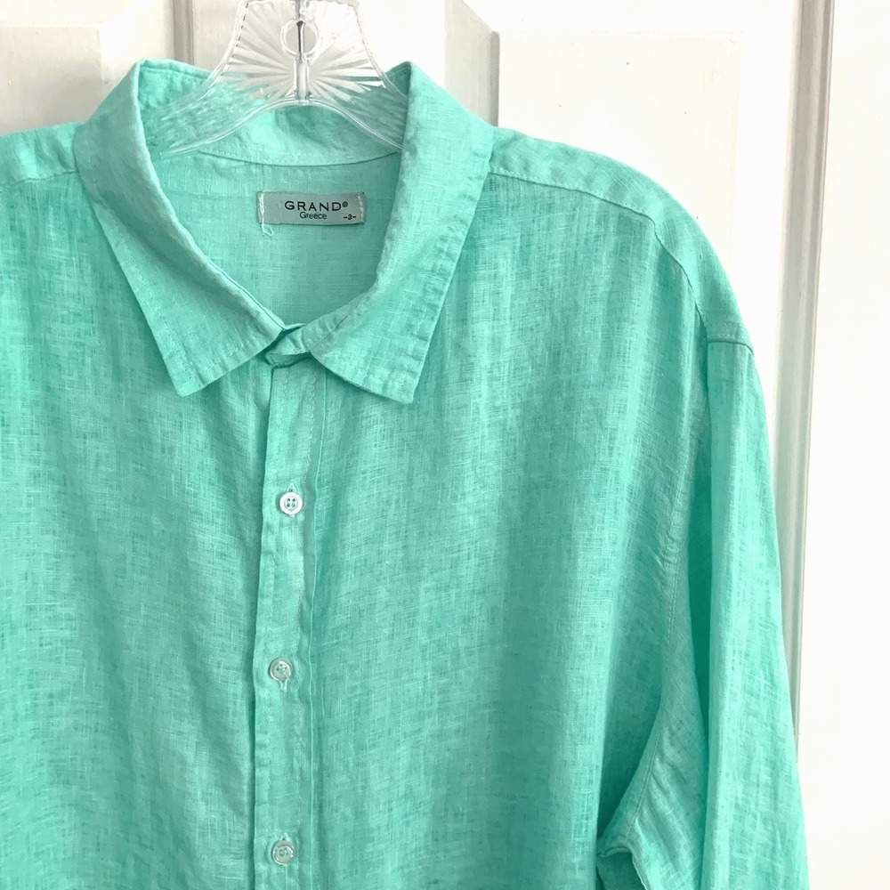 Grand Greece Long Sleeve lightweight LINEN Shirt Aqua Green Blue men sz 3X